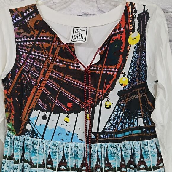 Pith Wanderlust Paris Eiffel Tower Blouse White Printed Top Unique Artistic Fun - Picture 3 of 13
